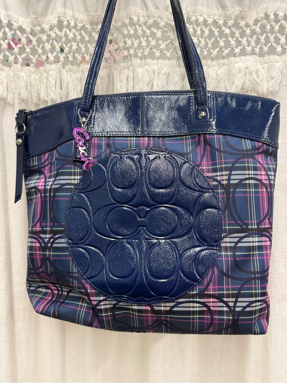 Vintage Coach Poppy Tartan Plaid & Patent Leather Gallery Tote